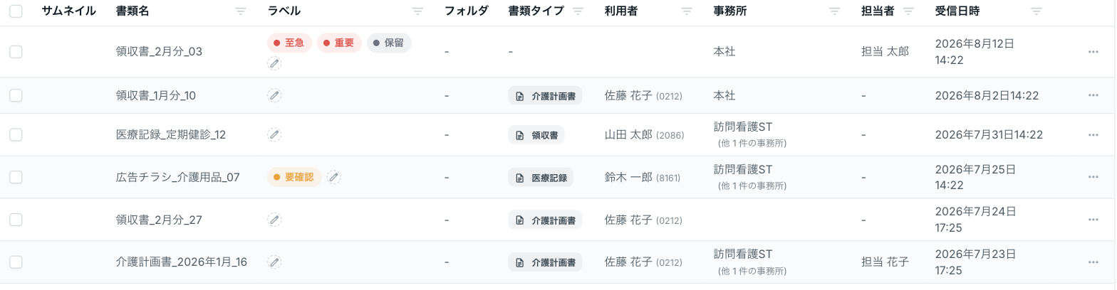 書類にラベルや書類タイプが自動で付与された一覧画面